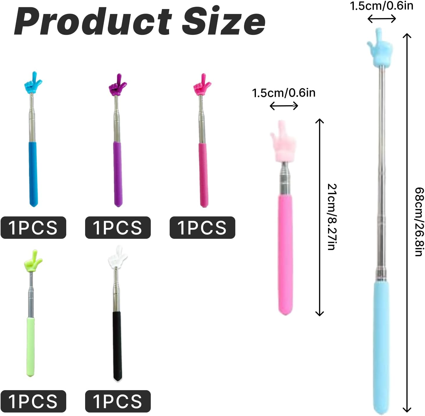 Set of 5 Telescopic Teachers Finger Pointer, Extendable Hand Pointer Stick for Classroom Use, Retractable Finger Pointers in White, Pink, Purple, Blue, Yellow, Ideal Teaching Aid for Educators image number 1