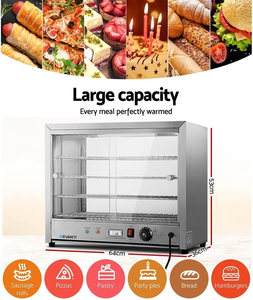 Devanti Food Warmer, 1000W Display Cabinet Commercial Electric Pie Foods Warmers Buffet Showcase Home Kitchen Restaurant Car Appliances Counter Top, with 4 Tier Shelves and Removable Crumb Tray Silver