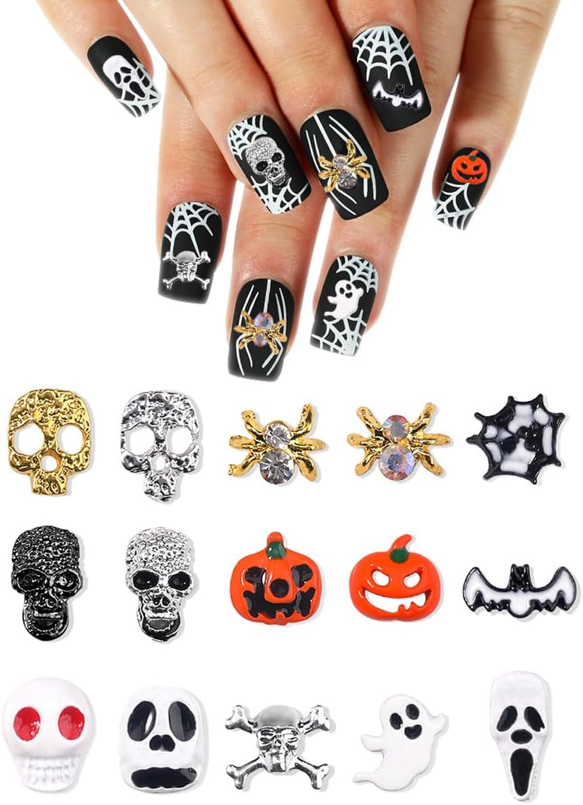 WELANE Halloween Nail Charms, 30 PCS Alloy Skeleton Pumpkin Ghost Spider Nails Decorations for DIY Nail Art, Jewelry Making,Cellphone Decorations (15 Kind) image number 1