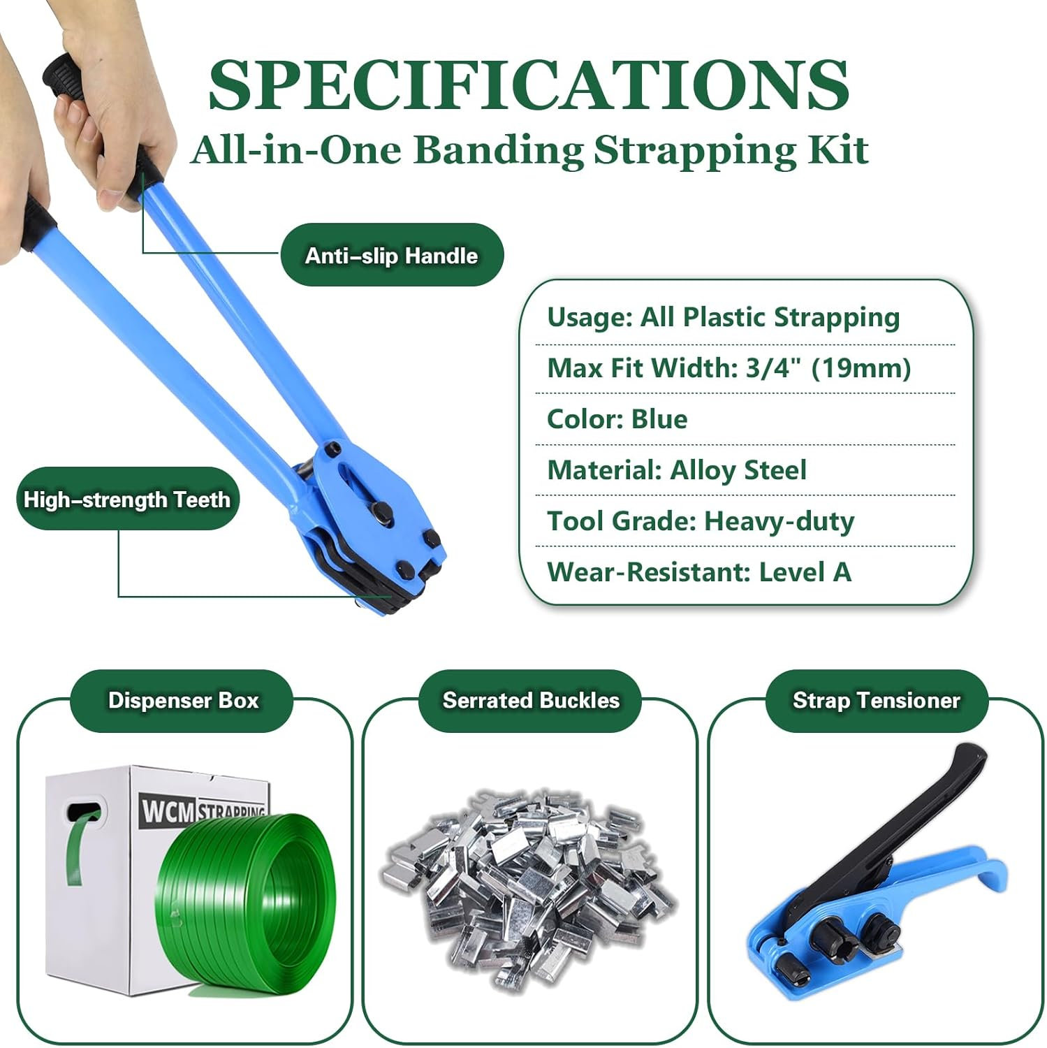 Packaging Strapping Kit, Banding Strapping Kit, Pallet Strapping Tool with 16MM Wide X 300M Length X 0.9MM Thickness Polyester Strapping Coil Roll, 60 Metal Buckles and Dispense Box image number 4