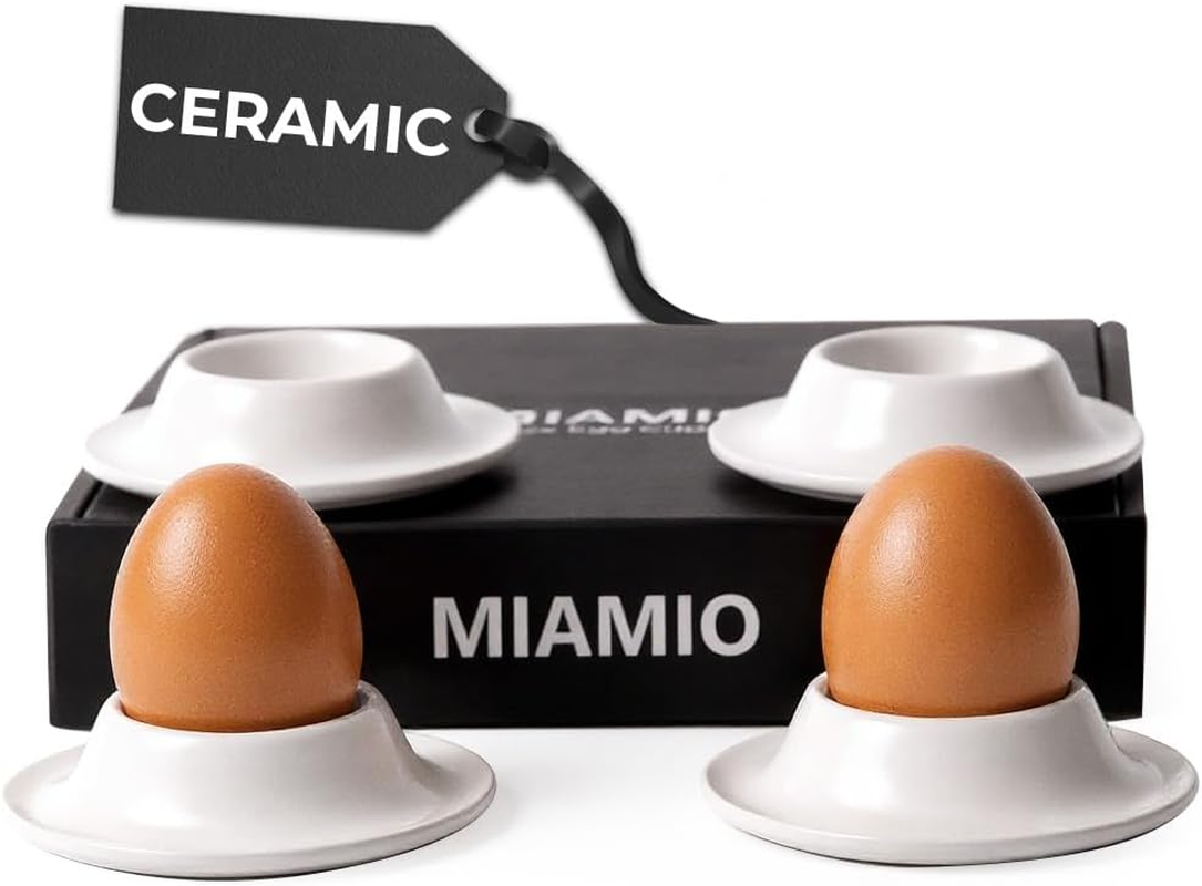 MIAMIO &ndash; Egg Cups 4-Piece Ceramic Set, Stoneware Egg Cups with Tray for Eggshells, Breakfast Egg Cup in Restaurant Quality &ndash; Dishwasher Safe (White)