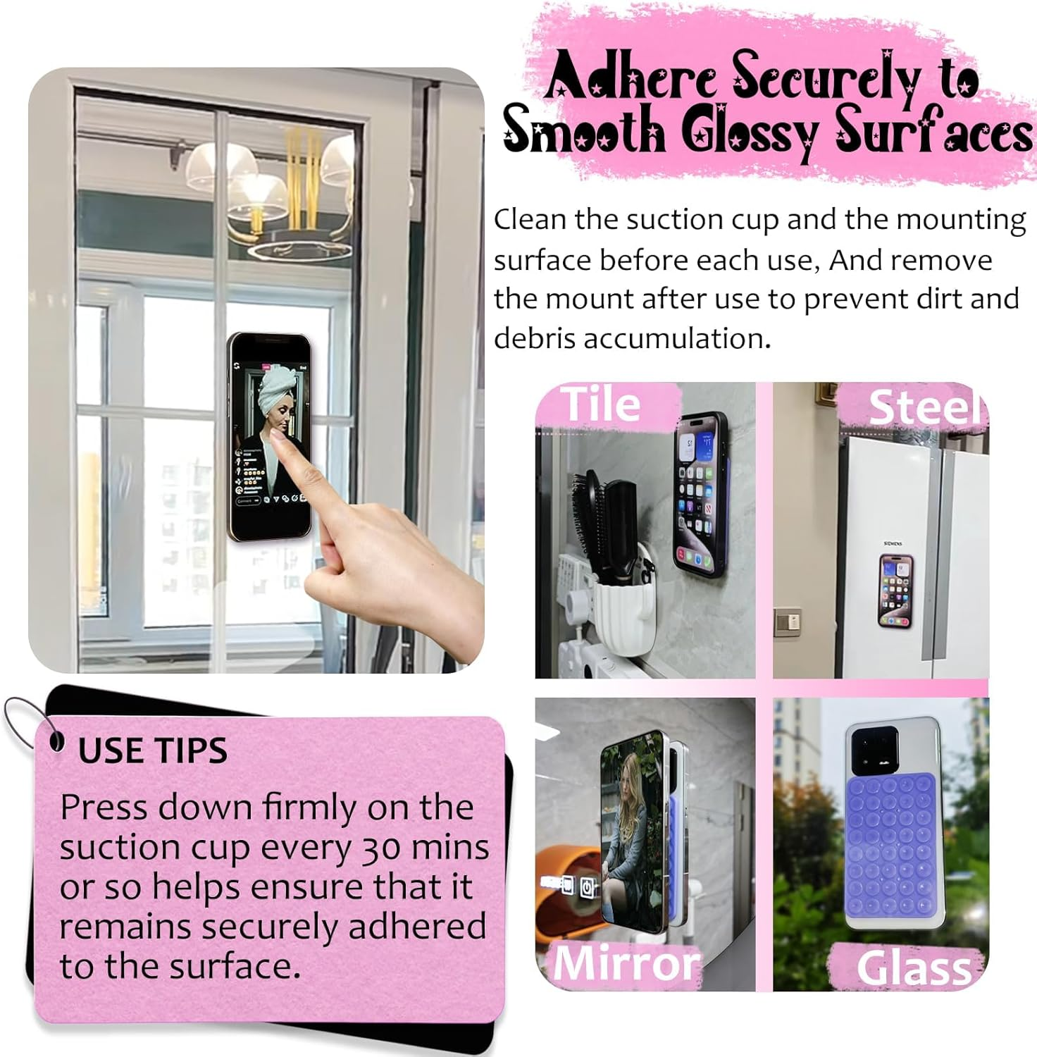 Khxriypha 2 Pack Silicone Suction Cup Phone Case Mount, Double Sided, Hands-Free, Non Slip, Lightpink&Translucent image number 3