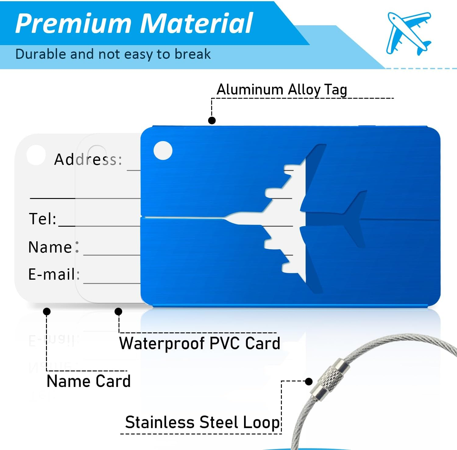 Luggage Tags for Suitcases Aluminum 6 Pack with Stainless Steel Loop, Suitcase Tags with Name ID Card Perfect to Quickly Spot Travel Essentials Backpacks Bags Baggage image number 6