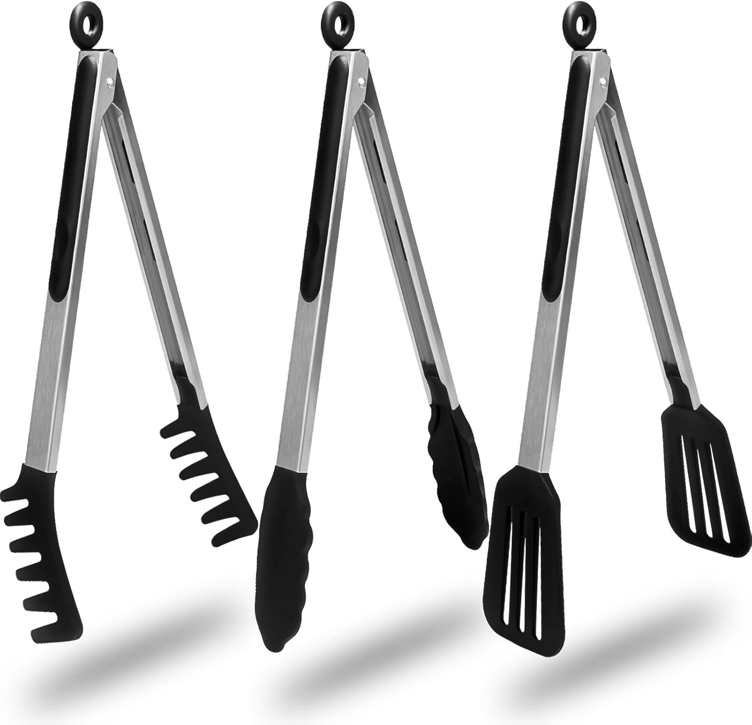 HST Tongs for Cooking with Silicone Tips(3 Pack), Non Stick Kitchen Tongs with Silicone Tip for Cooking BBQ Baking (9", Black)