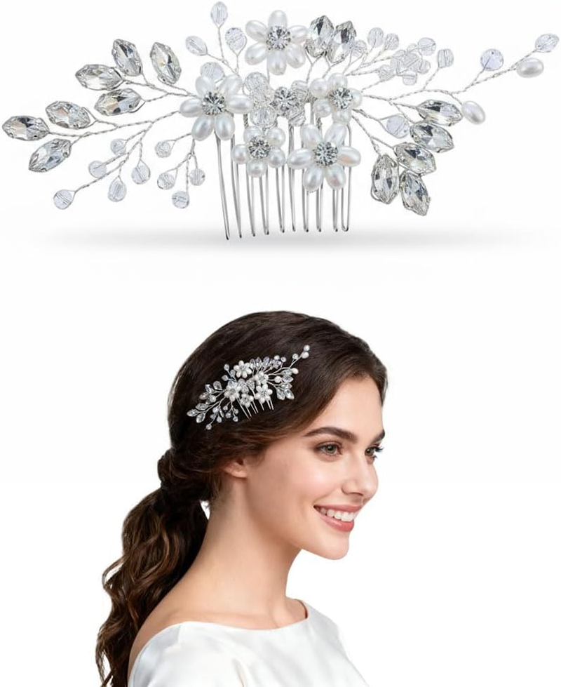 ZWWOGE Bridal Flower Hair Comb, Wedding, Rhinestone, Bridal Headpiece, Leaf Beads, Pearl Hair Clip, Side Combs, Decorative Hair Accessories for Women, Silver Hair Accessories image number 4