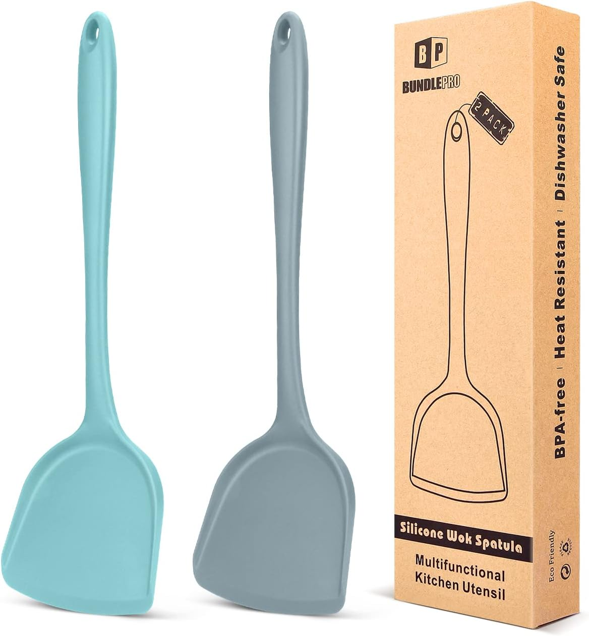 Pack of 2 Silicone Wok Spatula, Non-Stick, Heat, Stain and Odor Resistant, Easy to Clean and Dishwasher Safe, Seamless Kitchen Utensil for Cooking, Baking, Stir-Fry (Black)