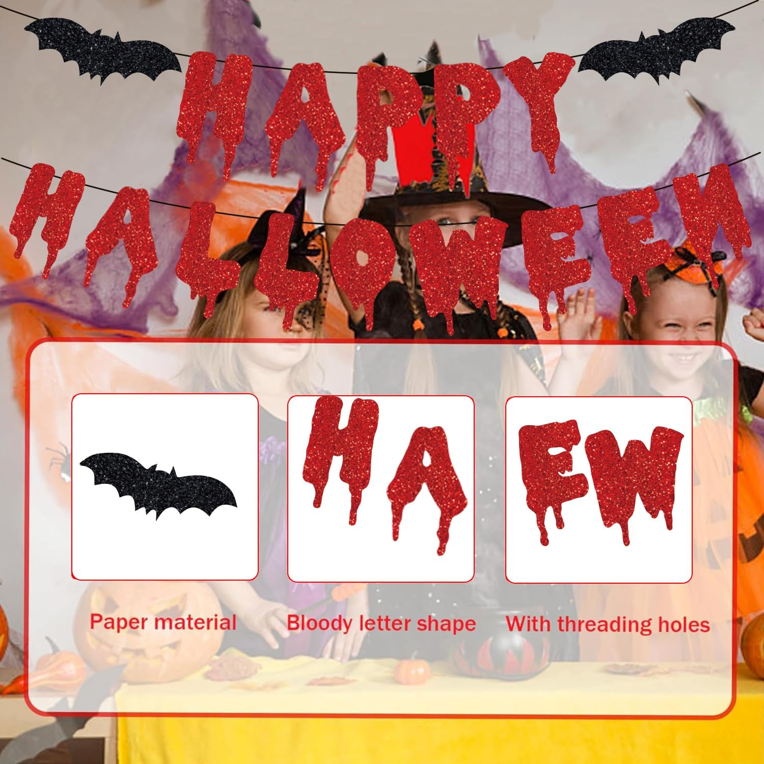 Happy Halloween Banner Red Black Glitter Bat Banner Halloween Hanging Paper Garland Bunting Banner for Halloween Zombie Vampire Haunted Houses Indoor Outdoor Party Decorations Supplies Kit