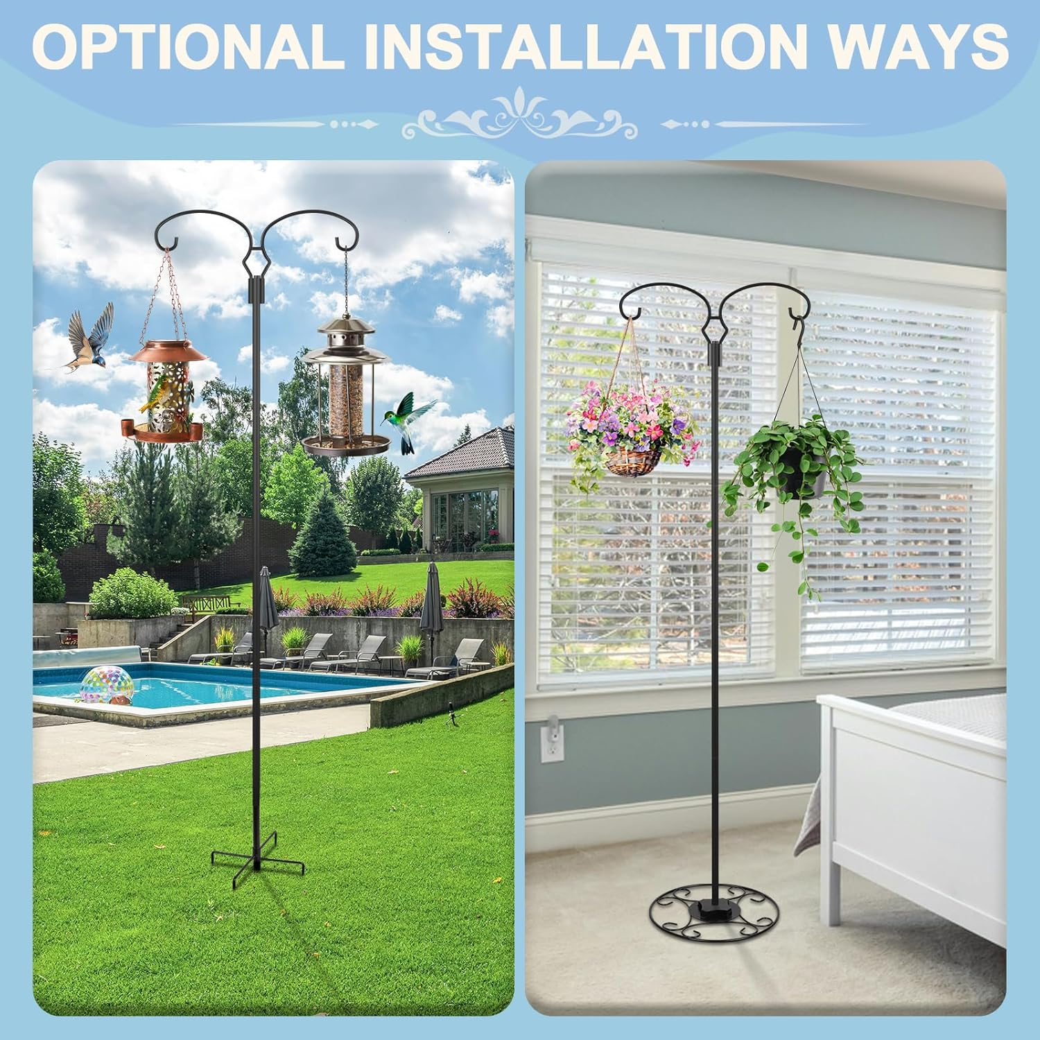 Liitrton 62.6 Inch Shepherds Hooks for Outdoor, Adjustbale Double Shepherds Hooks Hummingbird Feeder Stand Bird Feeder Pole Wind Chime Stand with round Base, 4 Prongs Base and Water Weight Bag image number 1