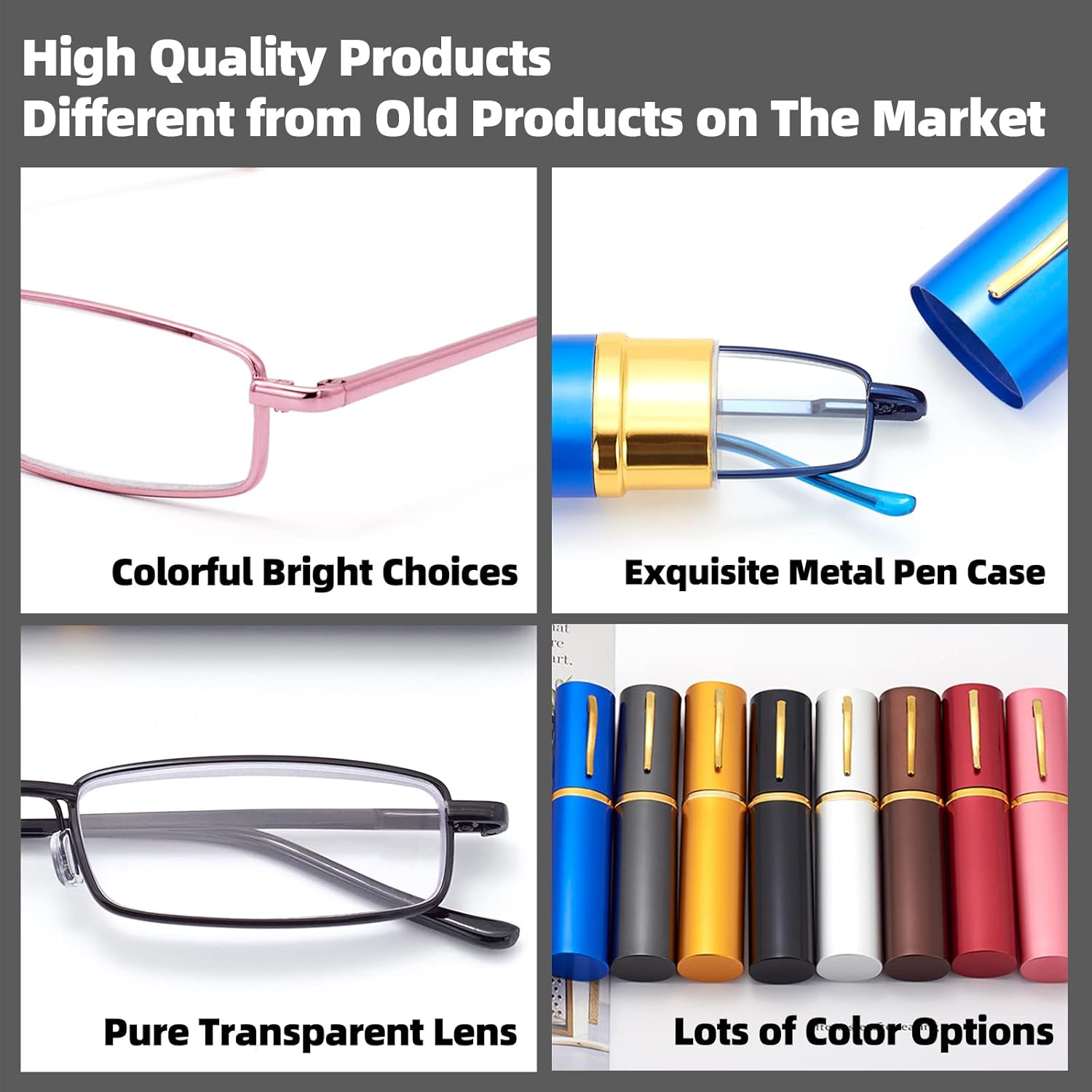 Metal Reading Glasses with Pen Clip Case, Slim Pocket Readers, Clear Lens for Women Men image number 2