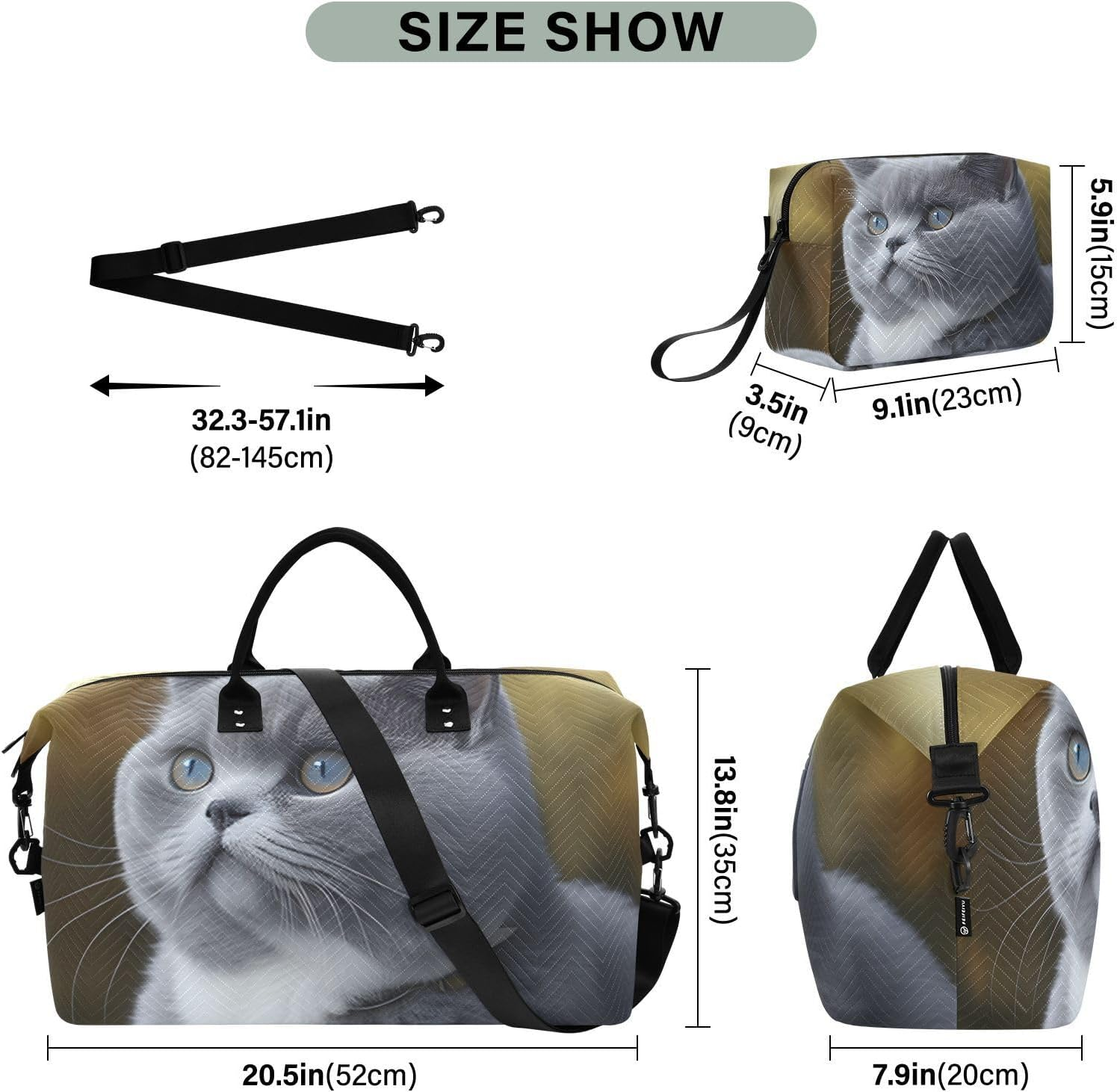 XYMZR Large Travel Duffel Bag, Grey Kitten Close up Sports Tote Gym Bag, Shoulder Weekender Overnight Bag for Women Men, Carry on Luggage with Toiletry Bags, Multi-Colored, Multi-Colored image number 6