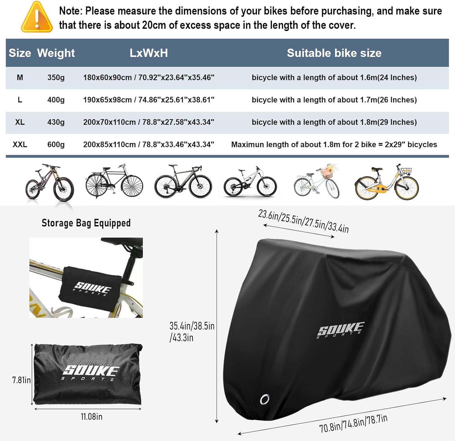 Souke Sports Bike Cover Outdoor Waterproof Bicycle Tent 210D with Storage Bag for Mountain Road Electric Bike, 78.8 X 27.58 X 43.34 Inches image number 2