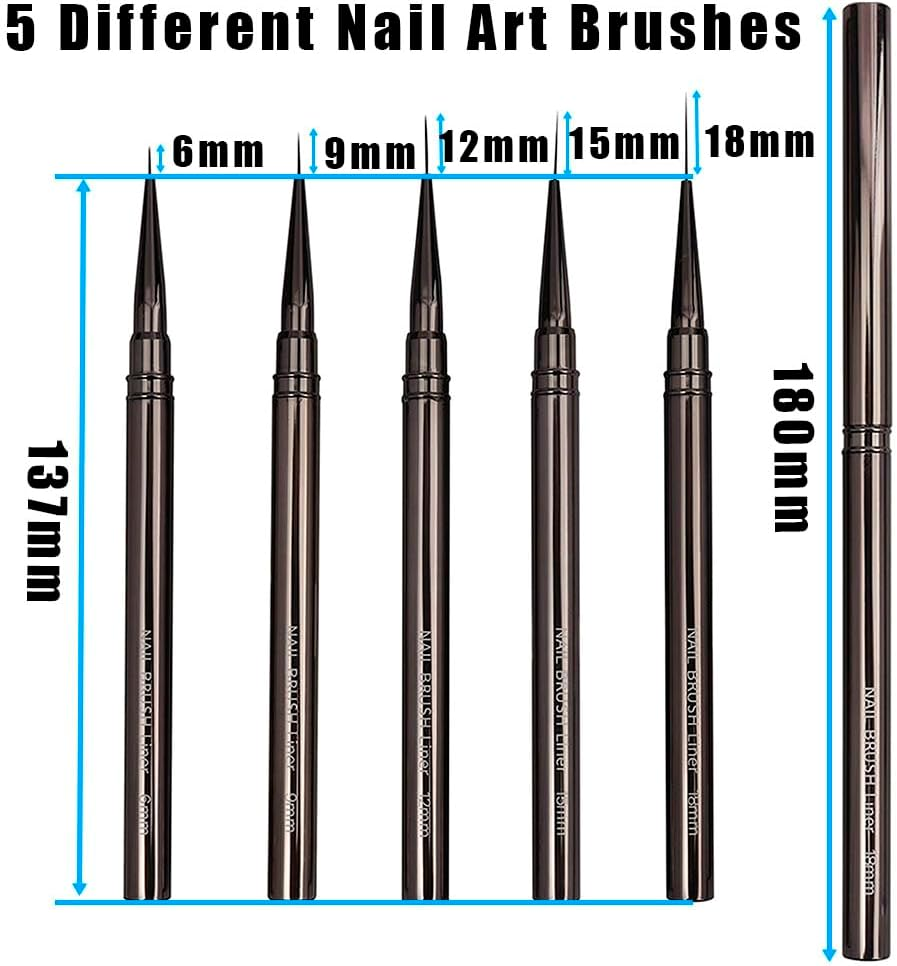 Yakamoz Nail Art Brushes Set, 5PCS Nail Art Liner Brushes 6/9/12/15/18Mm Thin Line Nail Brushes Detail Drawing, Painting Art Design Brush Set for Striping Long Lines Gel Polish image number 6