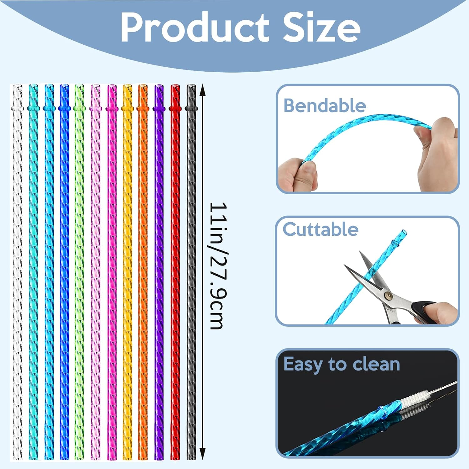AUMA 12-Pack Reusable Swirl Straws, 11" Long Colorful Hard Plastic Tumbler Replacement Straws for 16 OZ 20 OZ 30 OZ Stanley, YETI, Starbucks, Tumblers with Brush image number 4