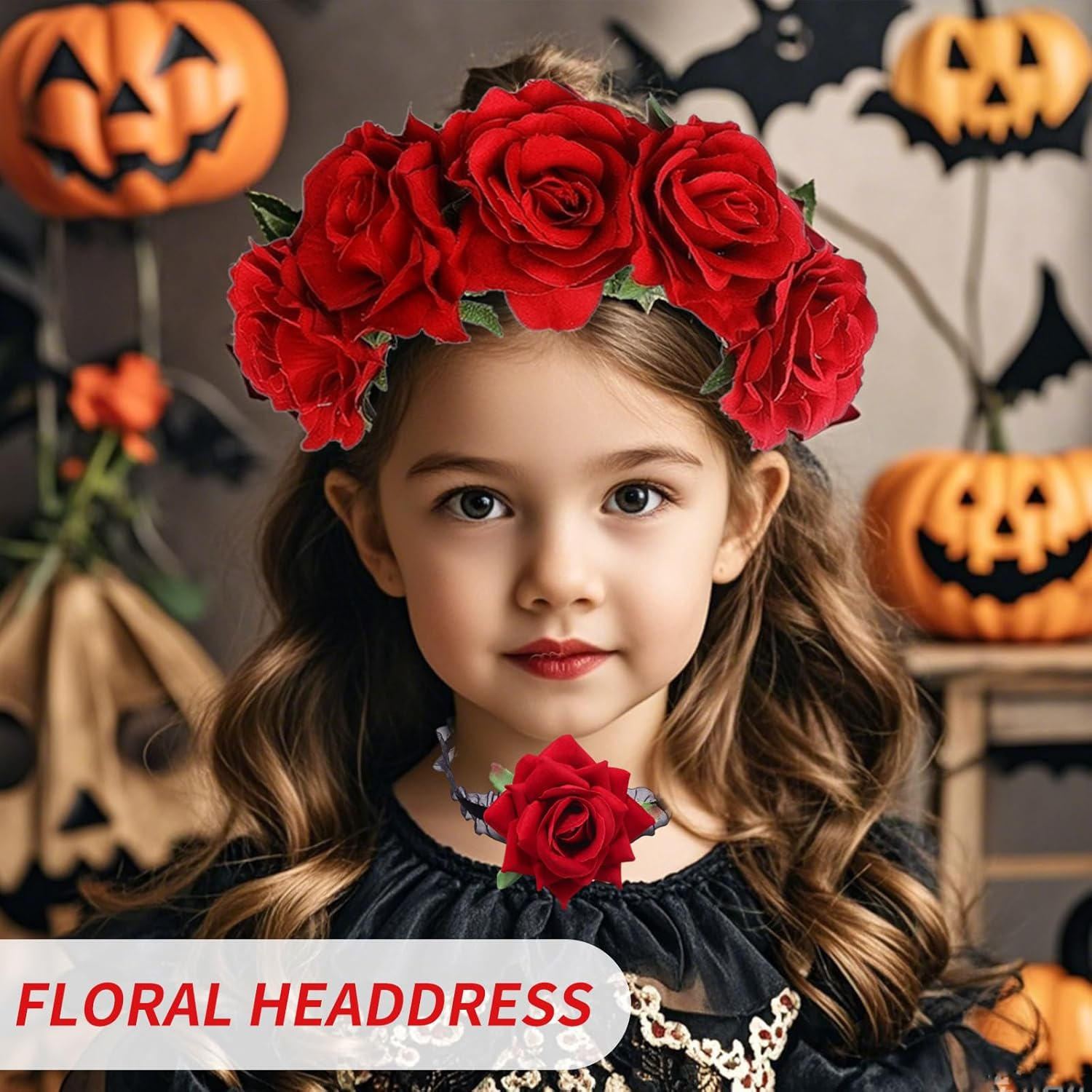 Halloween Floral Crown Stretch Headband - Boho Floral Hairband for Women and Girls - Rose Festival Headband Garland Headwear - Bridal Headbands Headdress - Day of the Dead Headwear image number 2