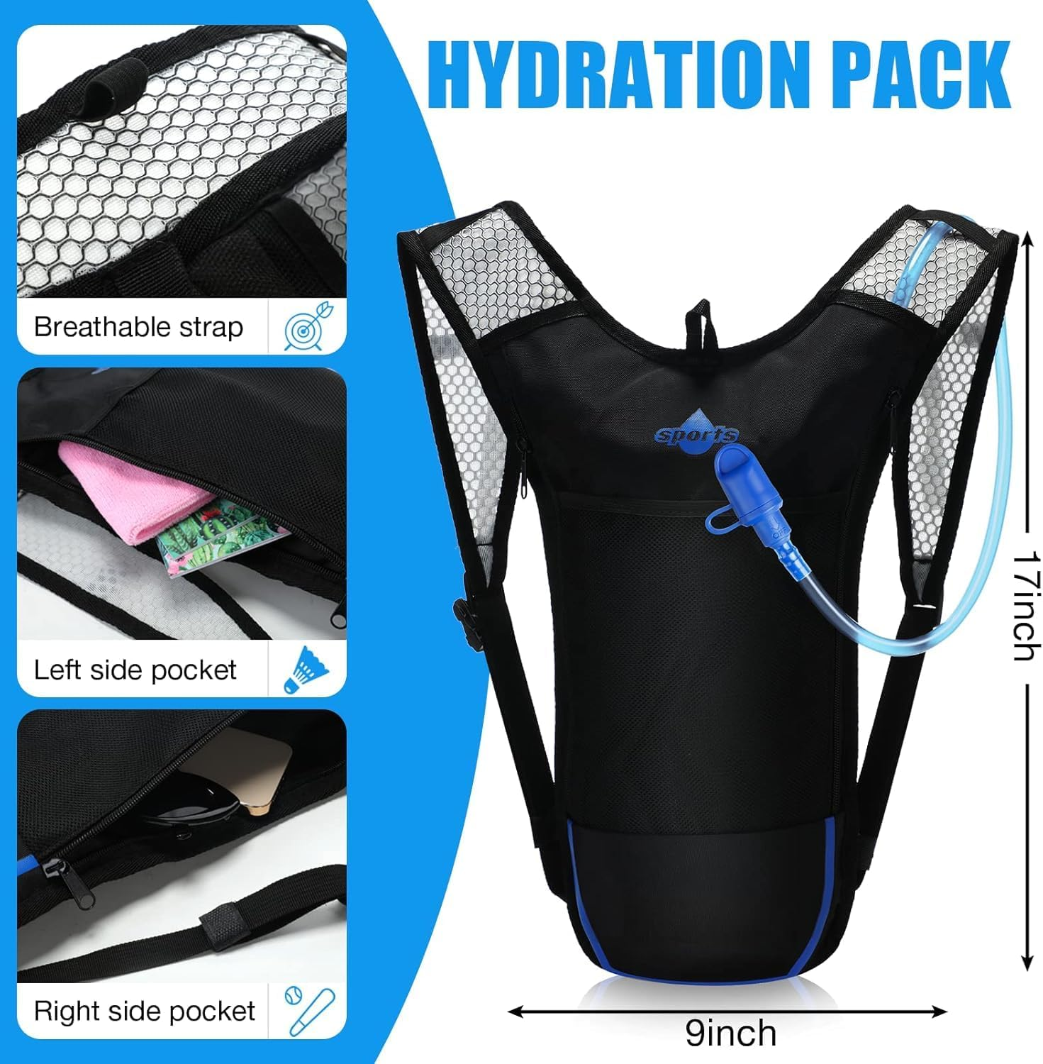 Running Vest, Running Hydration Vest Backpack with 2.0L Water Bladder Bag, Outdoor Sport Multifunctional Camping Backpack for Hiking Trail Running Cycling Race Marathon for Women Men image number 1