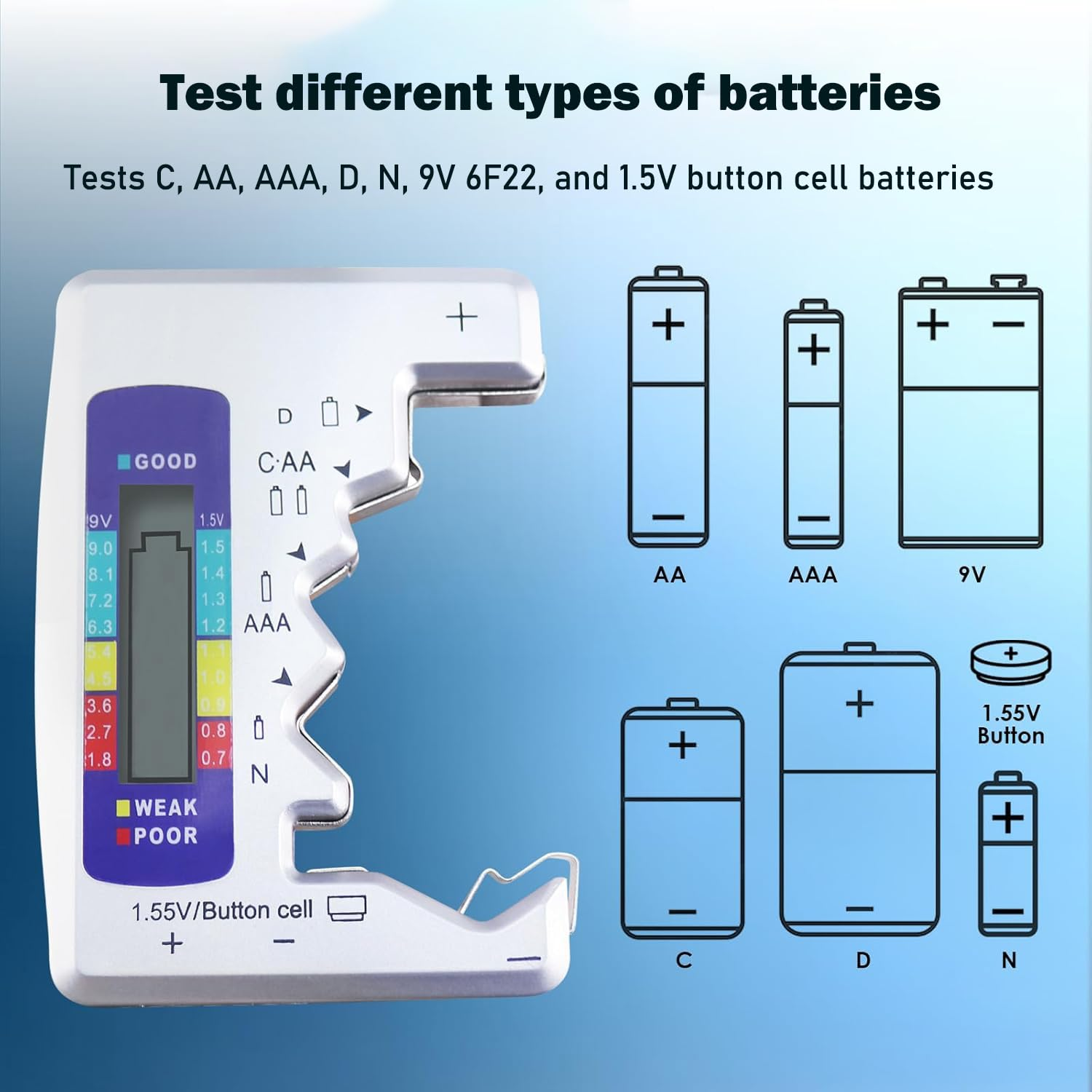 SILHOL Digital Battery Tester and Capacity Detector LCD Display Battery Checker for Various Battery Types Including AA, AAA, C, D, N, 9V, and 1.5V Button Cells image number 5