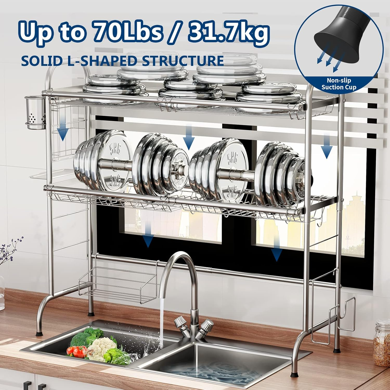 Over the Sink Dish Drying Rack, Sandream 2 Tier over Sink Dish Rack, Stainless Steel Sink Drying Rack with Utensil Holder, Large Capacity Dish Drainer for Kitchen Counter, Silver (Fit Sink&le; 81Cm/32) - Silver image number 2