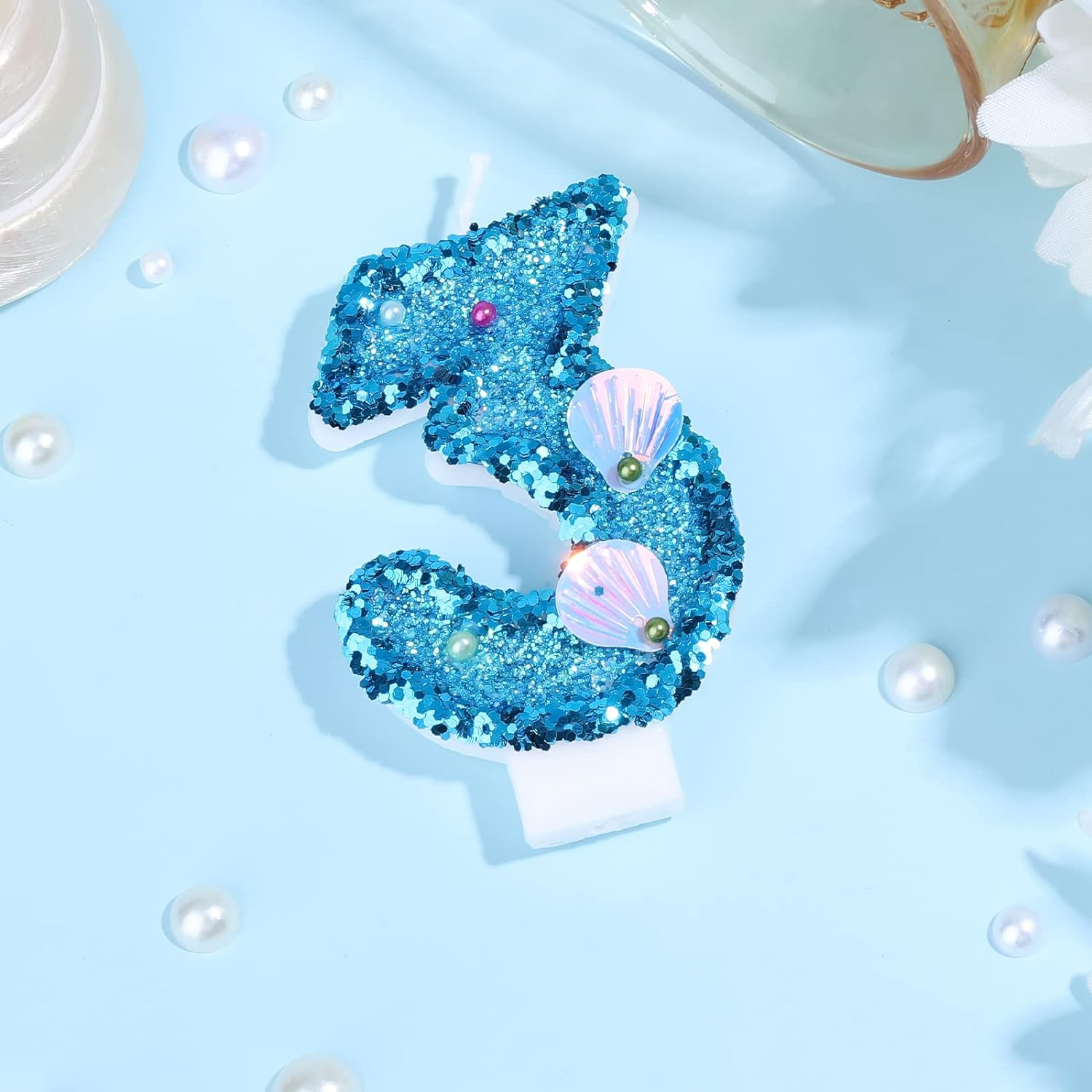 Savita 3 Inch Blue Glitter Number 3 Candle, Modern Starfish Theme, Birthday image number 2