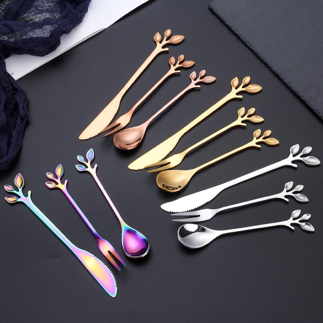 Creative Leaf Tableware Set of 12, 4 Piece Stainless Steel Demitasse Espresso Spoons + 4 Piece Appetizer Fork + 4 Piece Dessert Knives for Bar Caf&eacute; Teaspoons for Cappuccino, Dessert, Fruit, Cake