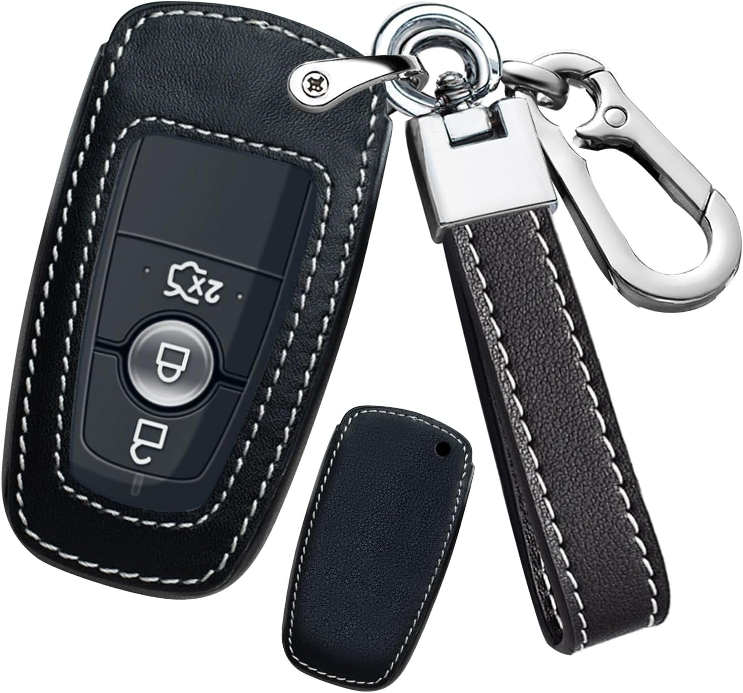 Ontto Leather Car Key Fob Cover Fit for Ford Ranger Everest Transit Custom Kuga Mustang Ecosport Key Case Holder Shell Key Chain Keyring Protector Accessories 3/4 Buttons