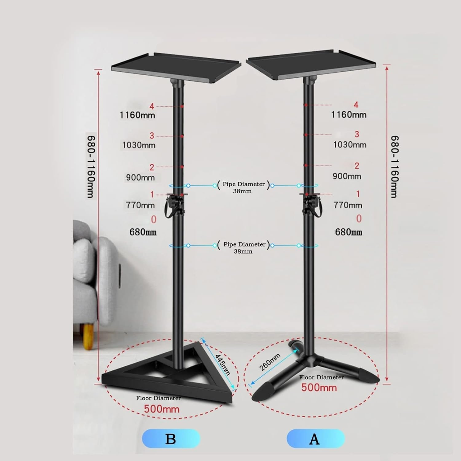 Audio Stand Speaker Stand Large Tray Bracket Universal Hi-Fi Audio Stand for 10 Inch Monitor Lift and Rotate Audio Tripod Speaker Stand(B,Smal