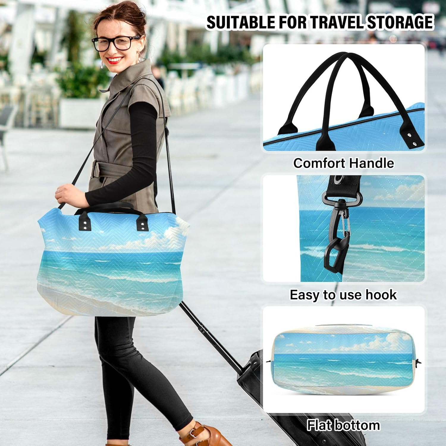 Summer Beach Blue Waves Travel Bag Carry on Shoulder Weekend Tote Sports Duffel Bags with Adjustable Strap for Sports Large Capacity, Summer Beach Blue Waves, 1 Size