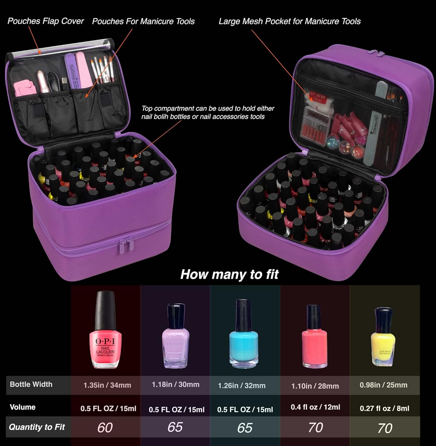Butterfox Nail Polish Carrying Case Bag Storage Organizer, Fits 60-70 Nail Polish Bottles, Pockets for Manicure Accessories - Purple image number 5