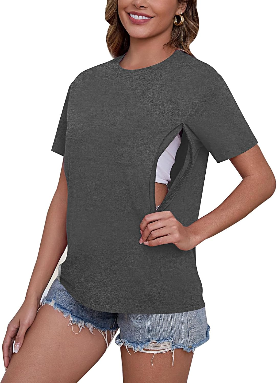 Comfort Breastfeeding Shirts for Women Zip Nursing Tops Causal Distressed Acid Washed Maternity Tees