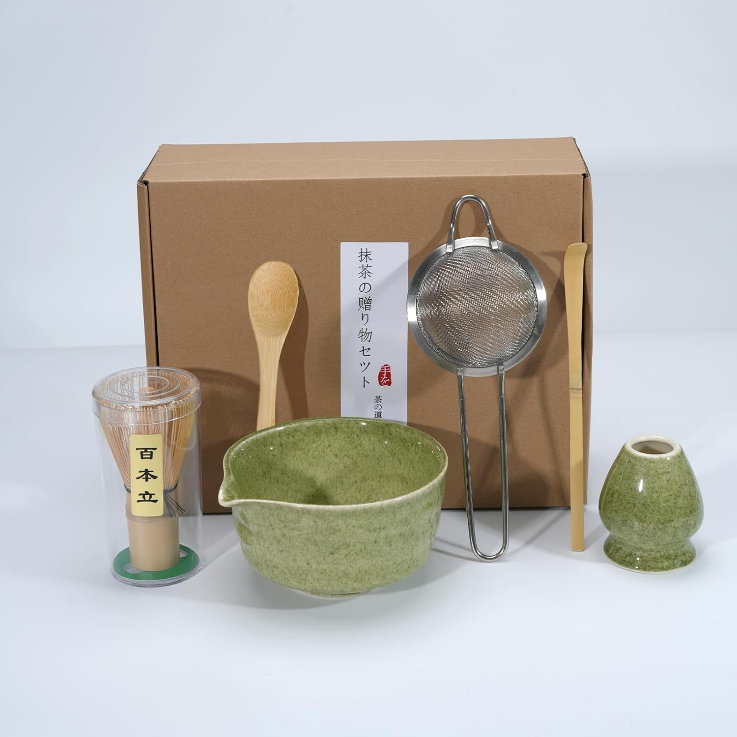 6Pcs Matcha Kit Set，Matcha Set Includes Bowl with Spout and Bamboo Matcha Whisk, Bamboo Matcha Scoop, Spoon and Stainless Sifter, Japanese Tea Making Tools, Bottle Green Matcha Kit for Matcha Lovers image number 3