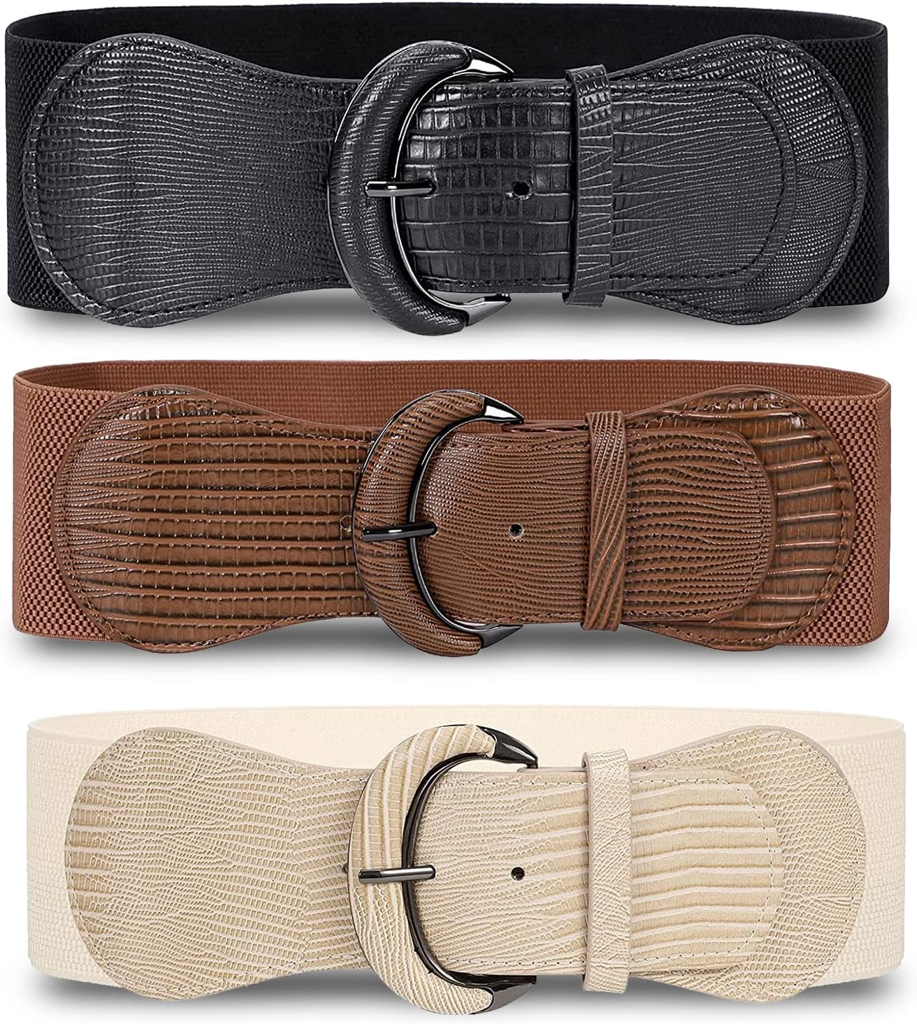 Valleycomfy 3 Pieces Women Elastic Wide Belt for Ladies Dresses,Pu Leather Stretchy Dress Belt,Vintage Wide Belt Waistband image number 2