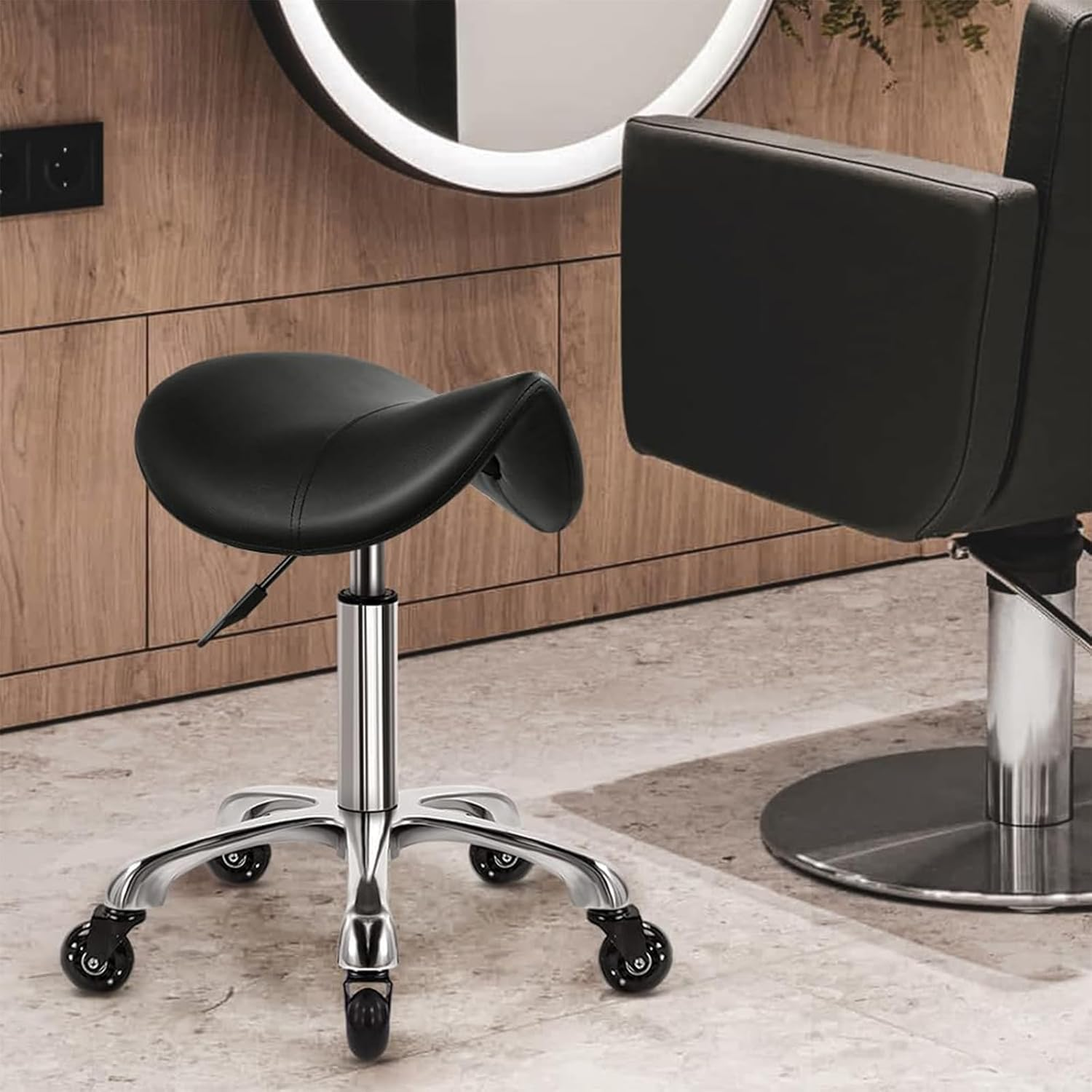 Rolling Stool Chair PU Leather Height Adjustable Swivel Drafting Work SPA Shop Medical Salon Stools with Wheels Office Chair,Black image number 6