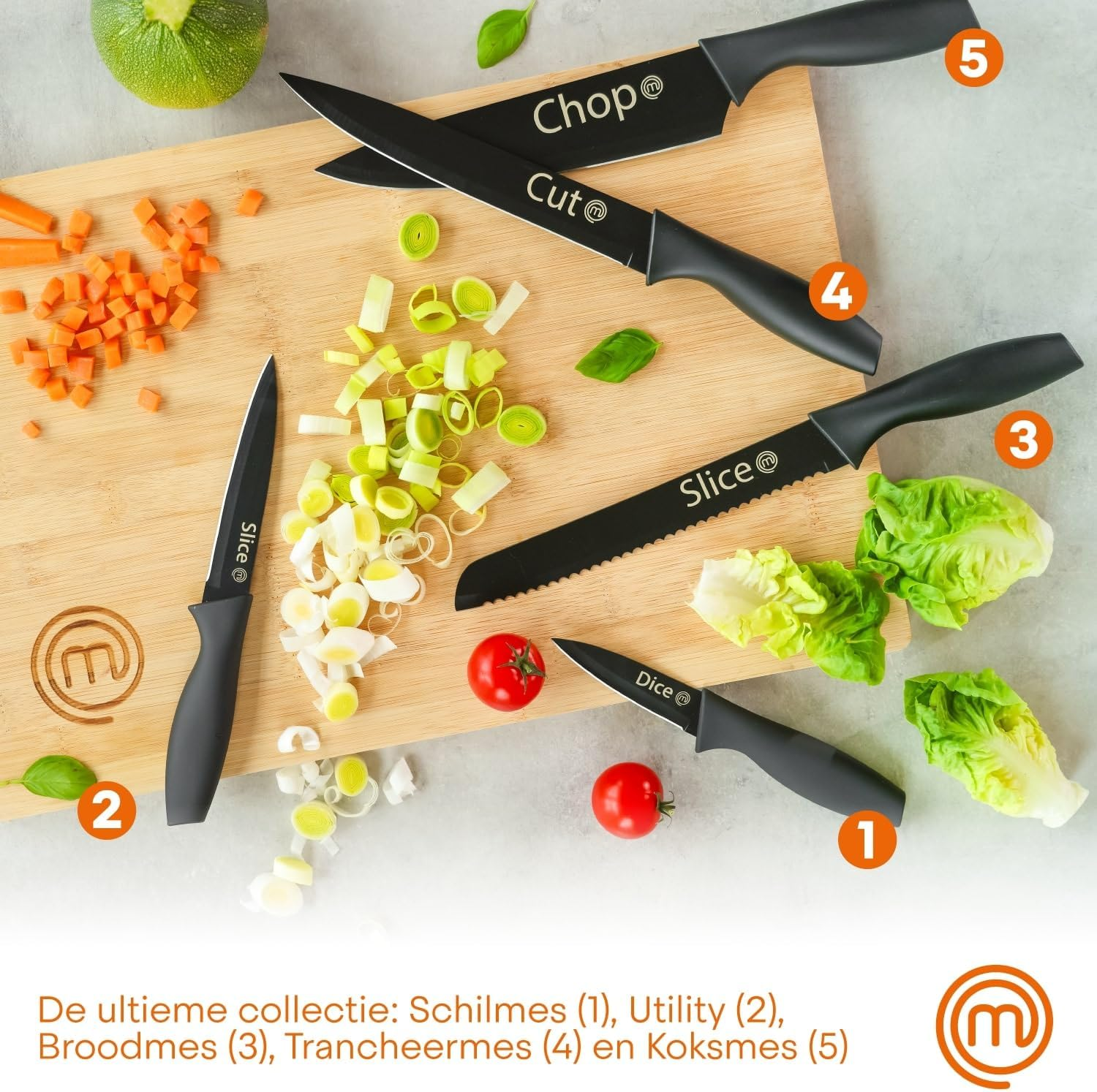 Masterchef Kitchen Knives, Chef Knife Set (Meat, Breadsaw, Vegetables and Fish), Stainless Steel Collection with Soft Touch Handles, Multifunctional, 5 Pieces, Black, Captions image number 6