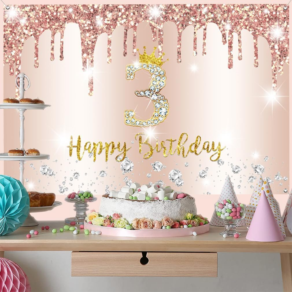 3Rd Birthday Decorations for Girls Happy 3Rd Birthday Backdrop Banner Party Deco Girl 3 Years Old Sign Poster Rosegold Photo Background 3Rd Birthday Party Supplies, 150 Cm X 90 Cm image number 2