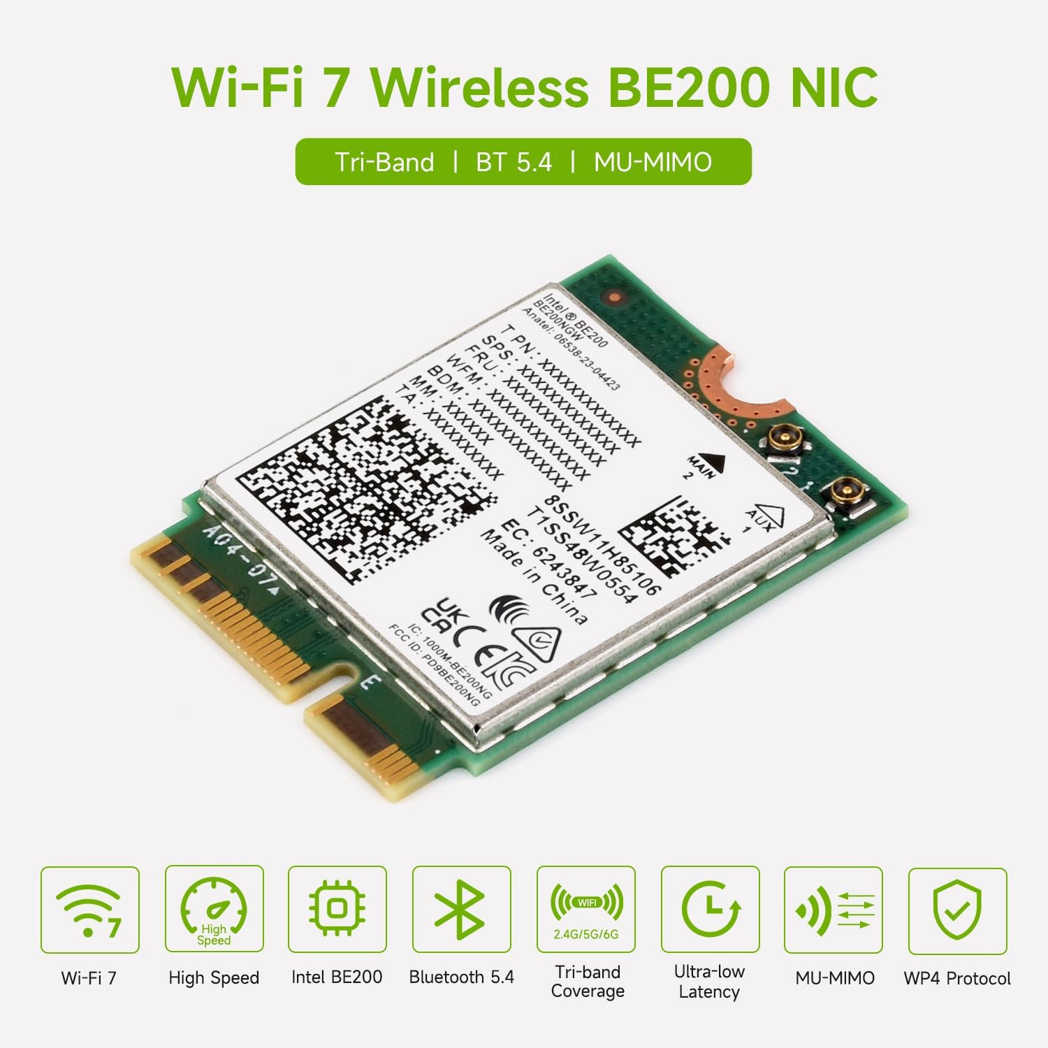 Waveshare Wire-Less BE200 NIC, Gigabit Tri-Band W-F 7, IEEE 802.11A/B/G/N/Ac/Be/Ax Standard, BLT 5.4 image number 1
