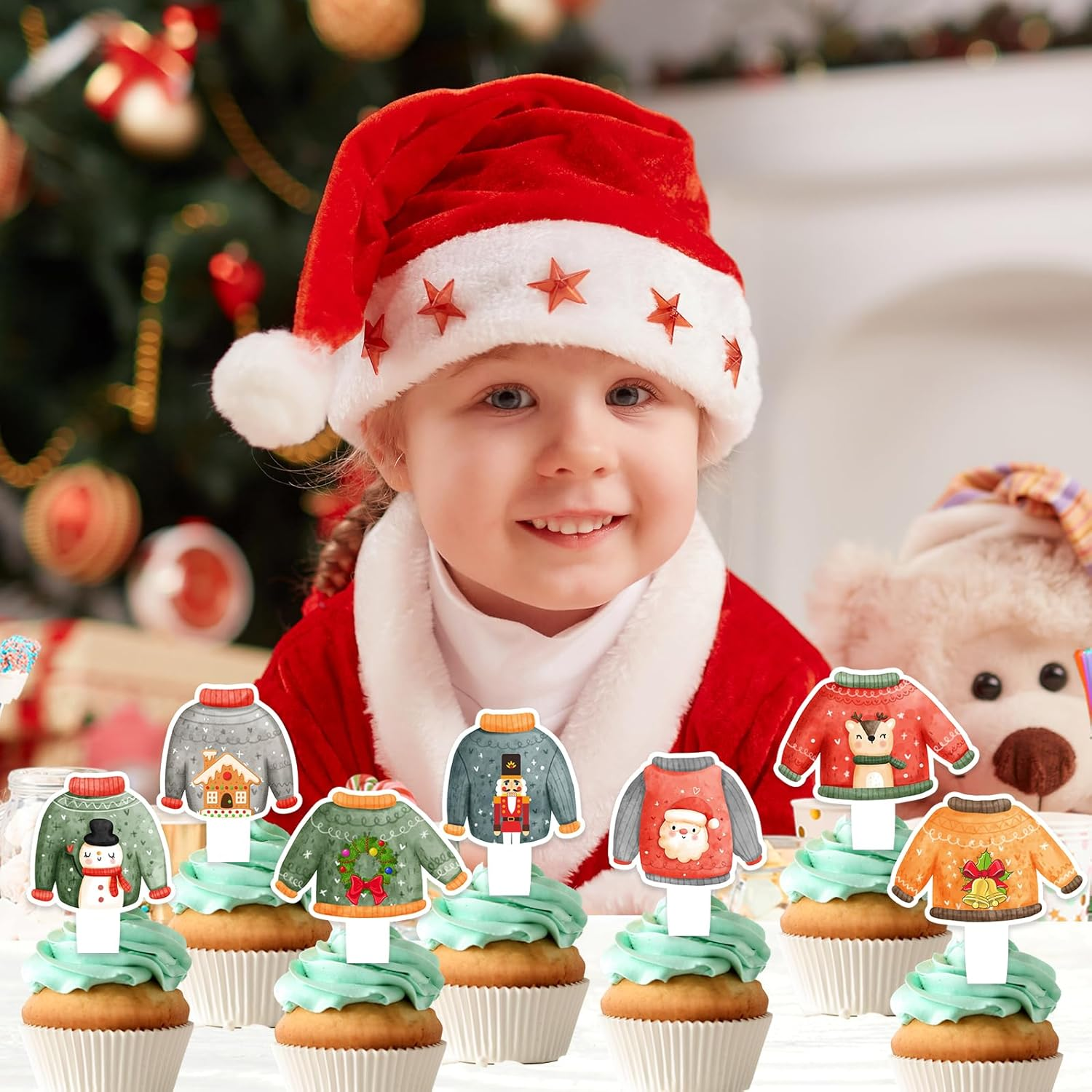24Pcs Ugly Sweater Cupcake Toppers Set Winter Christmas Holiday Party Ugly Sweater Decorations for Boys and Girls Birthday Party, Baby Shower Party Hohoho Decorations, Birthday Gifts for Kids.Liangss image number 2