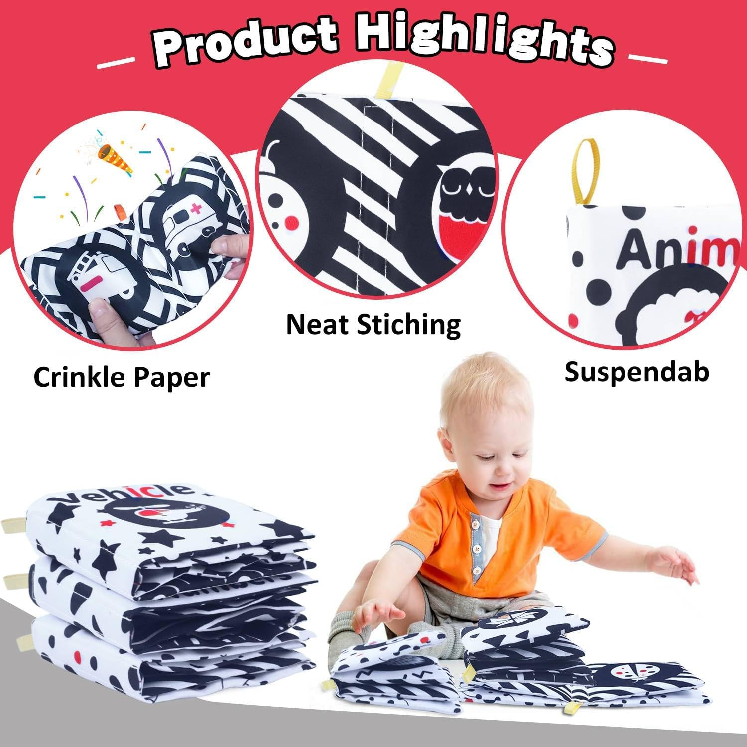 Baby Books Toys, 3 Pack White and Black Cloth Book Set, Touch and Feel Crinkle Cloth Book for Infant Babies 0-6 Months, Early Education Sensory Soft Toy, Baby Gifts Christmas Stocking Stuffers