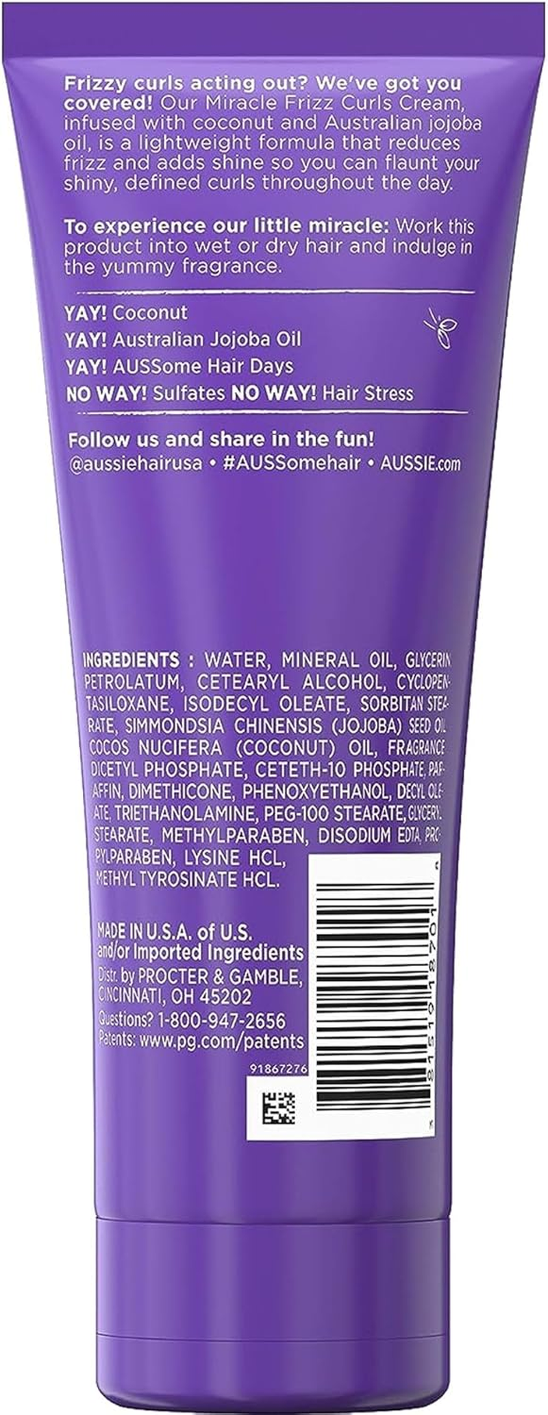 Aussie Miracle Curls Frizz Taming Cream 6.8 Ounce (Coconut & Jojoba Oil) (3 Pack)