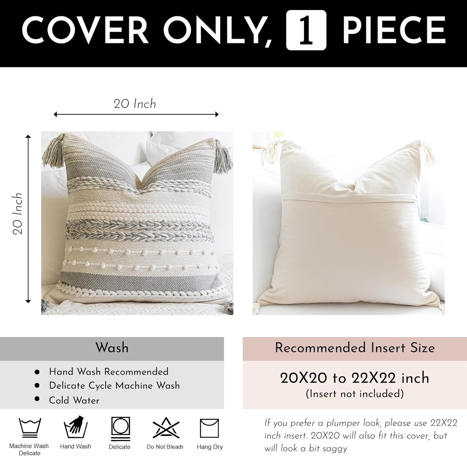 Blissblush Gray Boho Decorative Throw Pillow Cover 20X20 Square Farmhouse Accent Cushion for Couch Sofa Livingroom Bedroom Pillowcase Modern Home D&eacute;cor (Pack of 1) image number 5