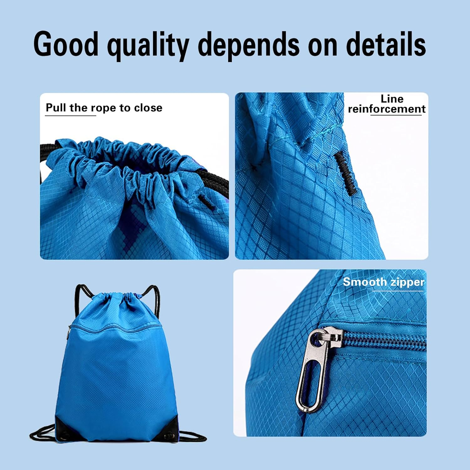 Waterproof Drawstring Backpack - Durable Gym Sackpack for Sports, Hiking, Travel & Camping | Basketball, Swim Bag with Zipper Pocket & Thick Shoulder Straps - Black image number 3