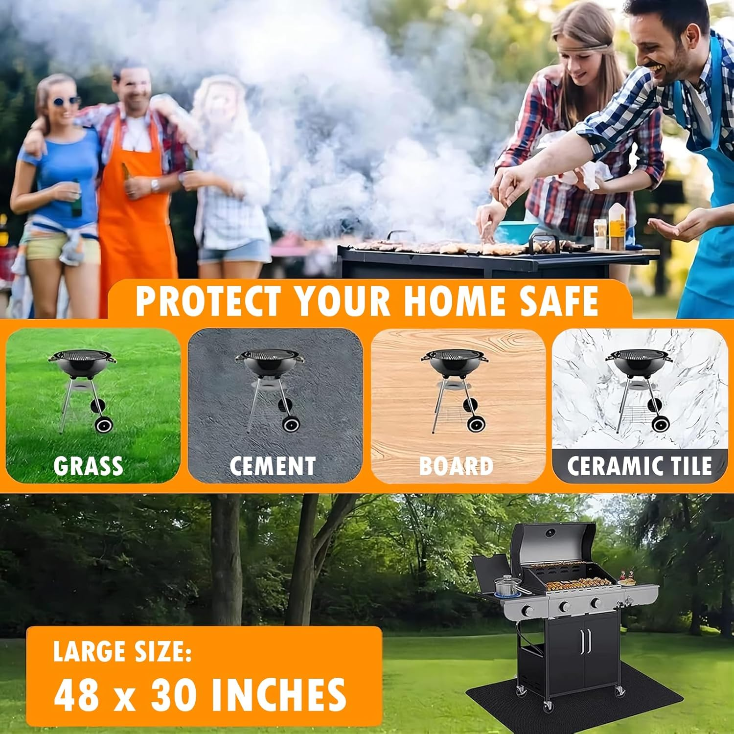 Large under Grill Mat, Double-Sided Fireproof BBQ Mat for Outdoor Charcoal, Flat Top, Smokers, Gas Grills, Oil-Proof Waterproof BBQ Protective Mats for Decks and Patios, 122 * 76 Cm image number 1