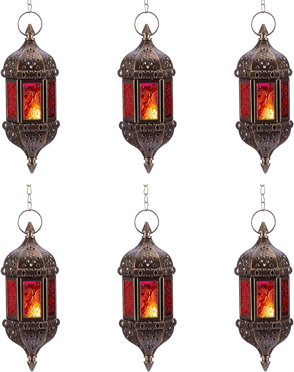 2 Pcs Hanging Hexagon Decorative Moroccan Candle Lantern Holders, Handmade Hanging Tea Light Holder in Bronze Metal & Red & Purple Glass Gift & Decor Items
