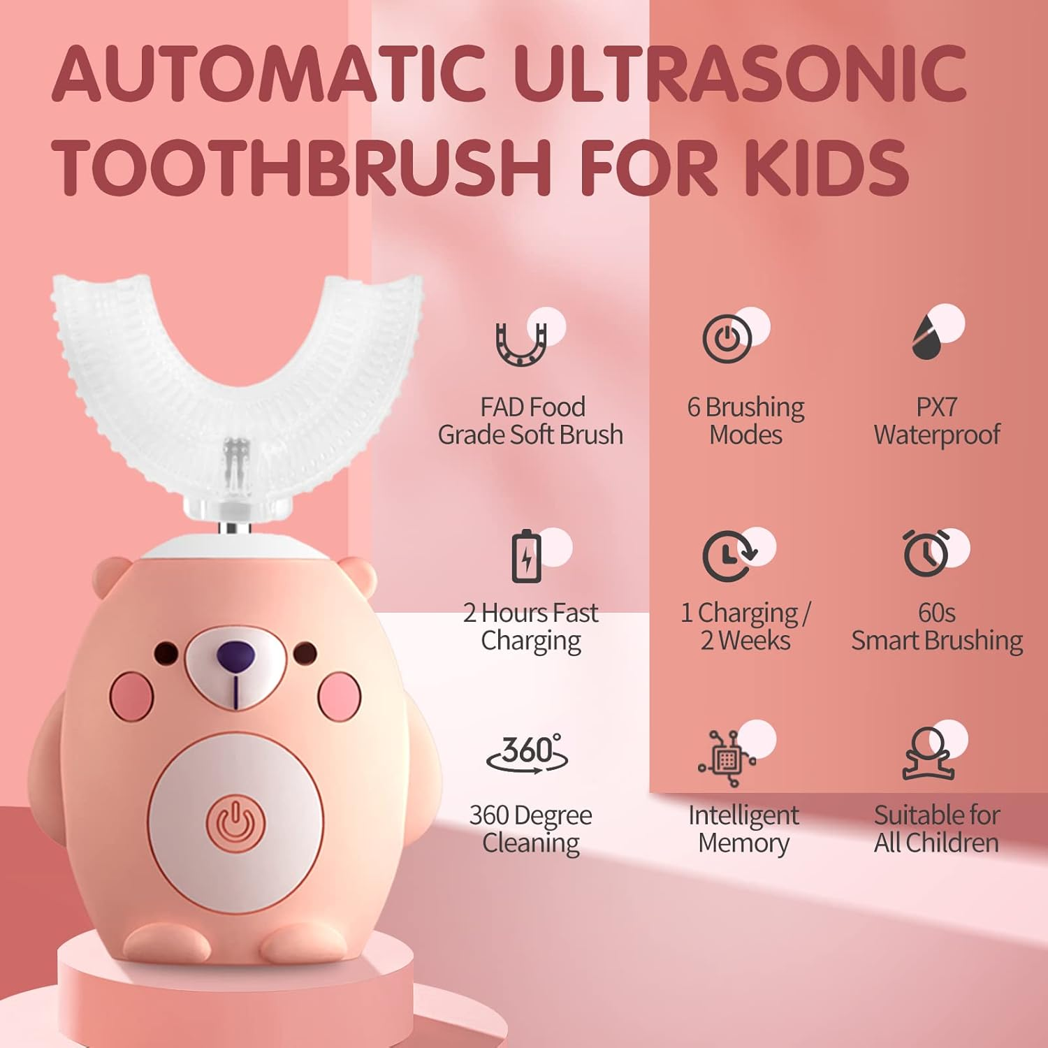 KORNIFUL U Shaped Electric Toothbrush for Age 2-12 Kids, Whole Mouth Toddlers Toothbrush with 6 Brushing Modes, U Shaped Toothbrush of 360&deg; Oral Cleaning for Girl 2-15 Years Old, Little Bear, Pink image number 3