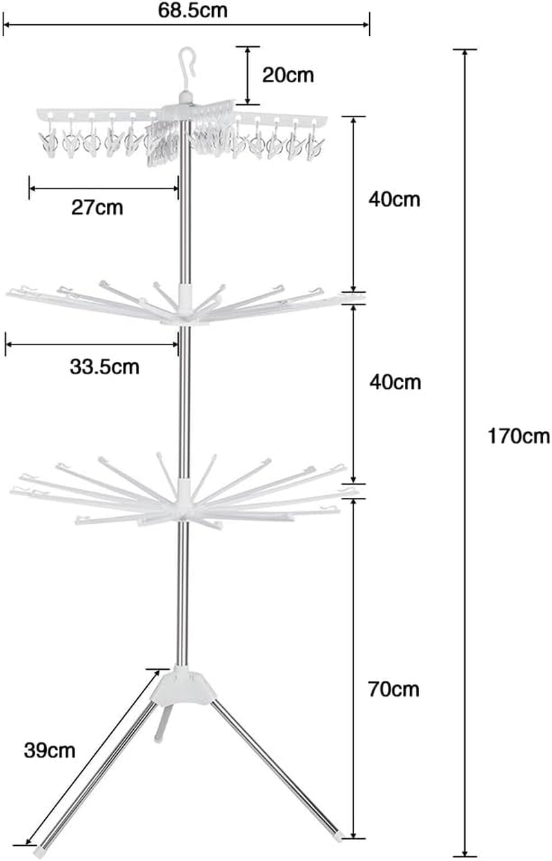 3-Tier Clothes Drying Rack, Folding Laundry Drying Rack, Indoor Outdoor Space Saving Stand Hanger with 24 Clips and 32 Towels Bars for Baby Clothes, Cloth Diapers, Socks, Bras, Towels, Underwear image number 1