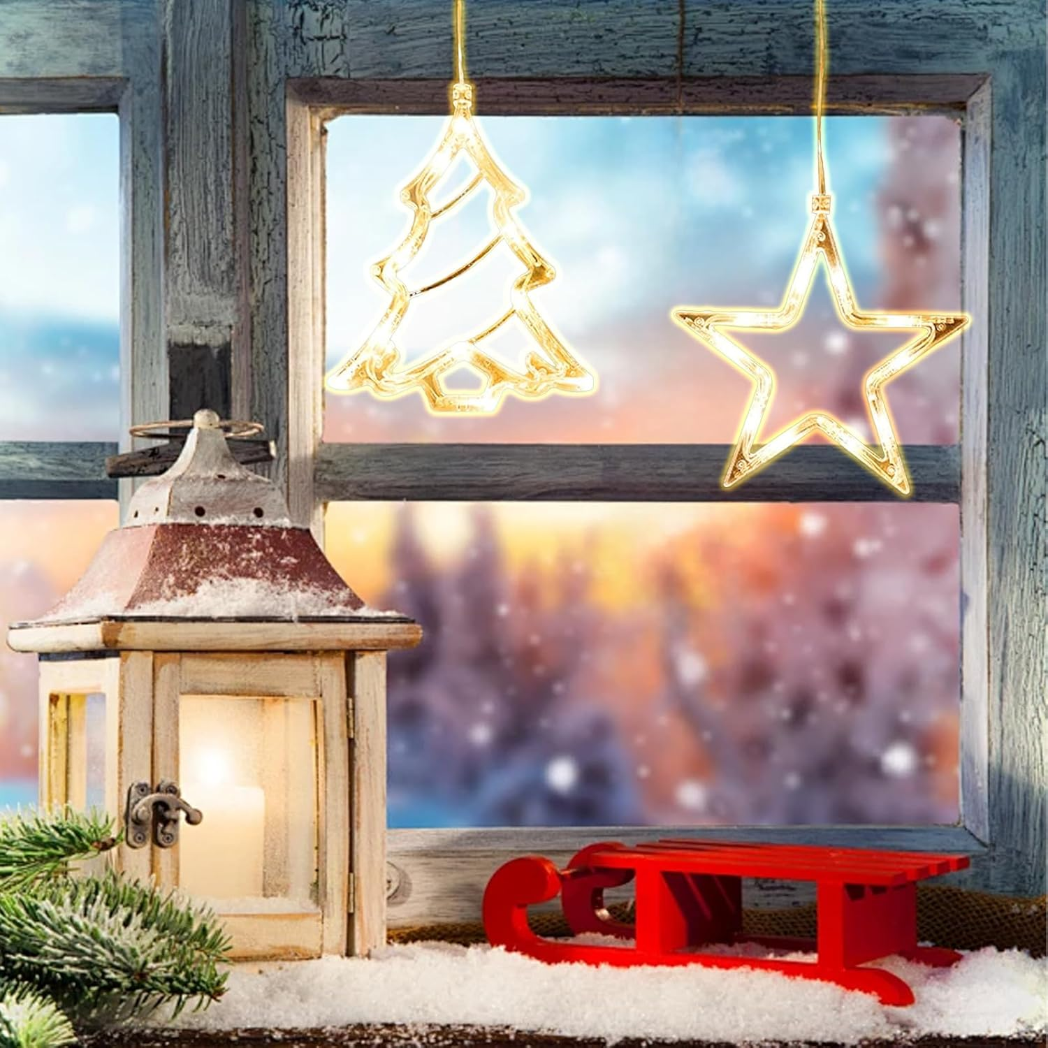 Nuluxi 2 X LED Stars Christmas Tree Christmas Lights, LED Christmas Decoration with Suction Cups, Warm White Christmas Star Indoor for Christmas Decoration, Doors, Shop Window, Party, Wedding, Balcony