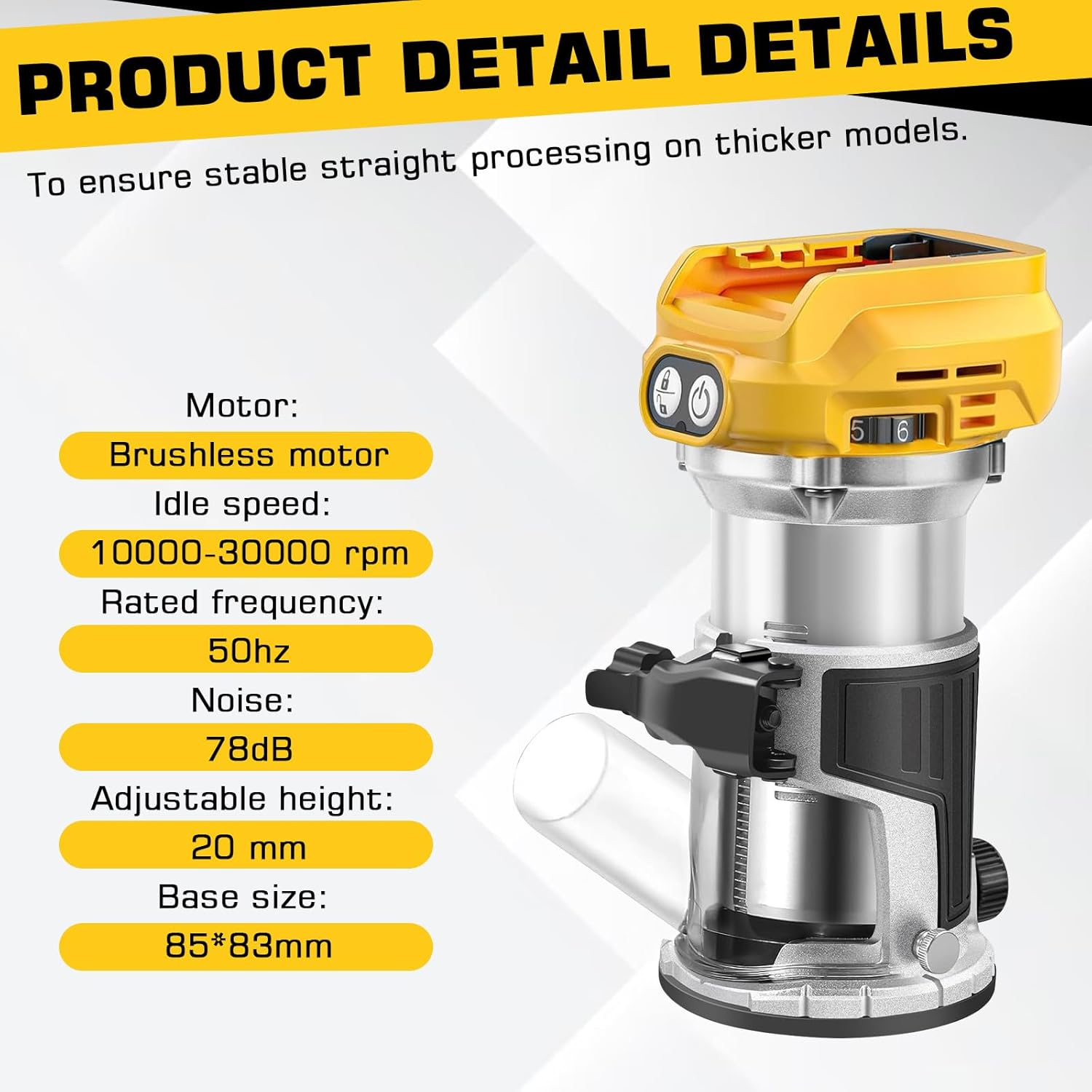 Cordless Power Router Compatible with Dewalt 18V-20V Battery, 800W Brushless Wood Trimmer with 6 Speed, Brushless Router Trimmer, Cordless Wood Trimmer, Straight Guide, 15 Milling Bits and 2 Spanners image number 3