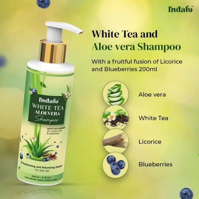 Indalo White Tea Aloevera Strengthening and Volumizing Shampoo, 200Ml, with Licorice and Blue Berries for Oily Hair, Paraben Free, Sulphate Free, for Men and Women image number 5