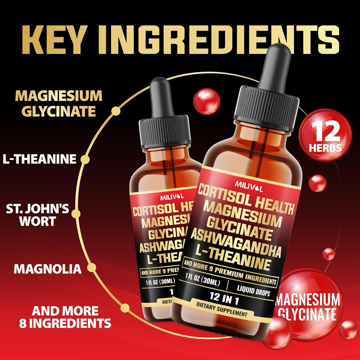 12In1 - Cortisol Supplement Liquid Drops - Cortisol Detox W. Magnesium Glycinate 1000Mg, Ashwagandha, L-Theanine, Phosphatidylserine and 8 More Herbals - Hormone Balanced for Women, Mood Focus - 1 Month Supply image number 1