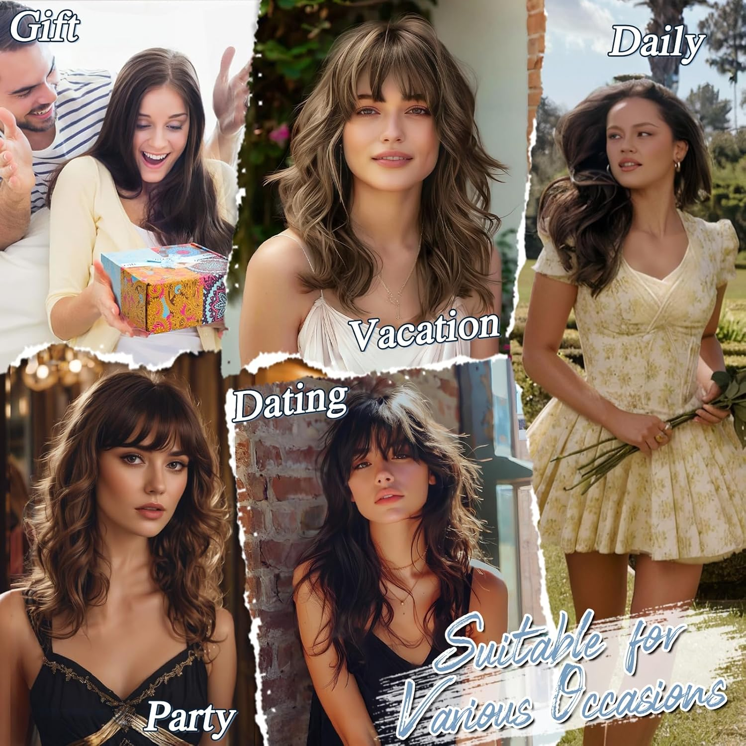 BARSDAR 46 Cm Medium Long Wavy Brown Wig with Fringe, Wig with Fringe for Women, Curly Wavy Heat Resistant Synthetic Shoulder Length Wig Cosplay Party - Light Chocolate Brown