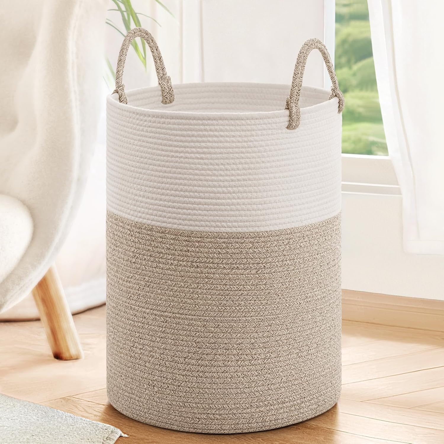 Large Laundry Hamper, Cotton Rope Storage Bin, Tall Woven Laundry Basket for Clothes and Toys, Blanket Storage, Basket for Living Room, Baby Nursery, Bathroom and Bedroom (Grey)