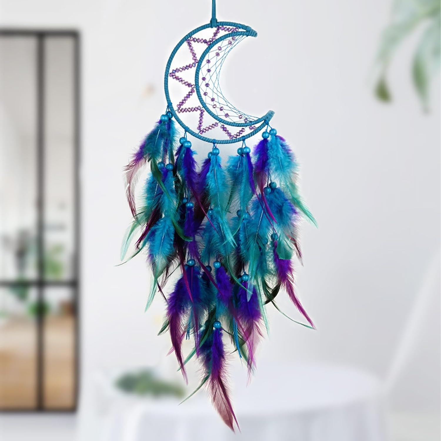 Moon Dream Catcher Handmade Feather Wood Beads Wall Hanging Decor - Blue Purple Bohemian Ornament for Kids Bedroom Home Decoration - Art Craft Gift image number 5